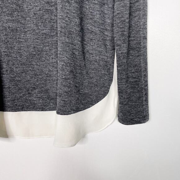 LOFT Medium Mixed Media Long Sleeve Top Heather Gray Cream Crew Neck Side Split - Picture 3 of 8